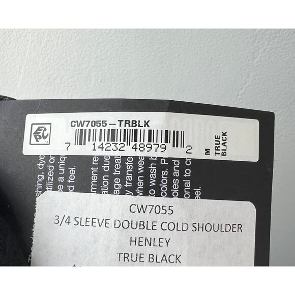 ChaSer True Black Top Henley Neck 3/4 Sleeve Double Cold Shoulder Sz Medium NEW - Picture 11 of 11